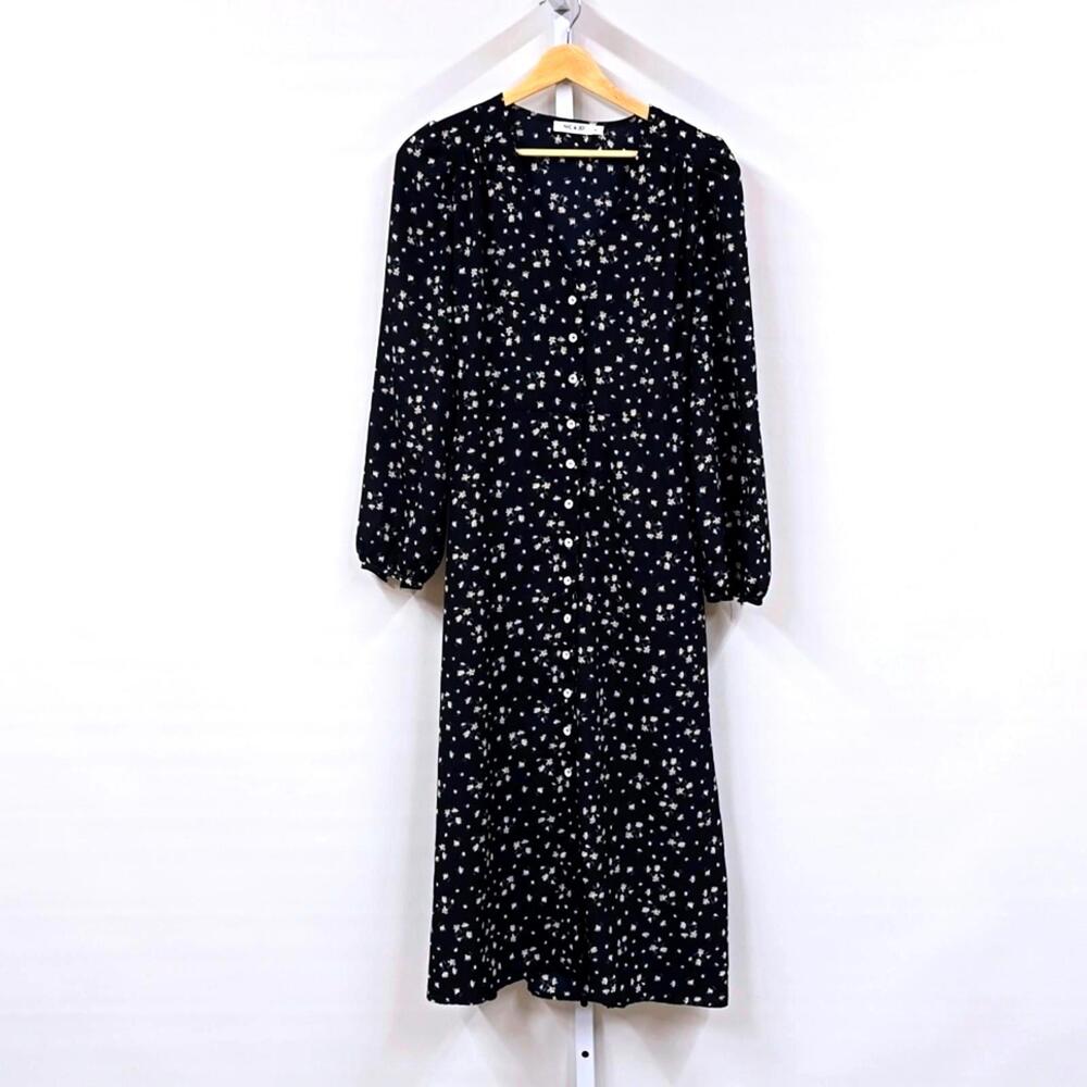 Nic & Jo Womens Navy Blue Floral Button Front Long Sleeve Midi Dress‎ Large